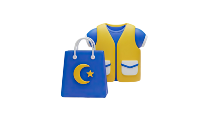 3D Shopping Bag and Vest with Islamic Symbols on transparent background