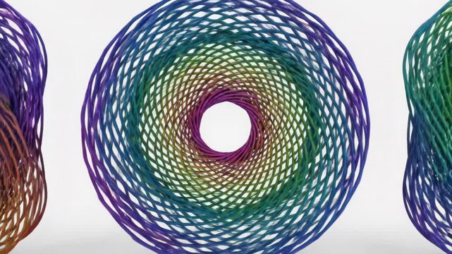 Three colorful torus shapes isolated on white background with spiral patterns