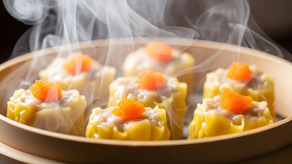 Steaming Dumplings in a Wooden Bowl.