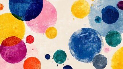 Abstract modern art background with colorful circles and spots, pink blue yellow red green purple on light beige white backdrop, minimal design with copy space