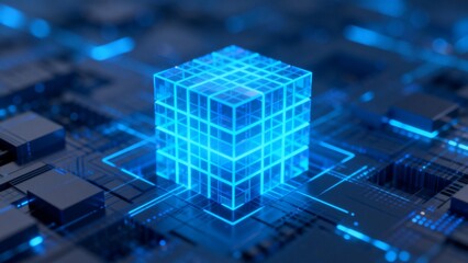 Blue glowing cube on circuit board