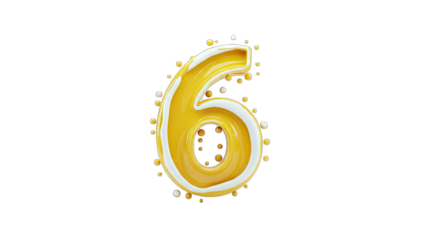 3D Yellow Number 6 with White Swirl and Bubbles on transparent background