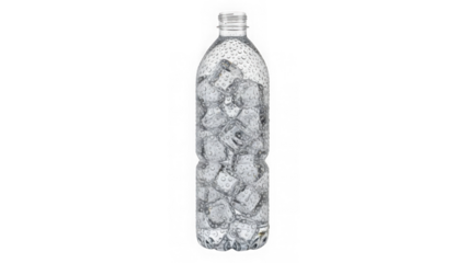Realistic plastic bottle filled with ice cubes clear liquid and condensation details on transparent background