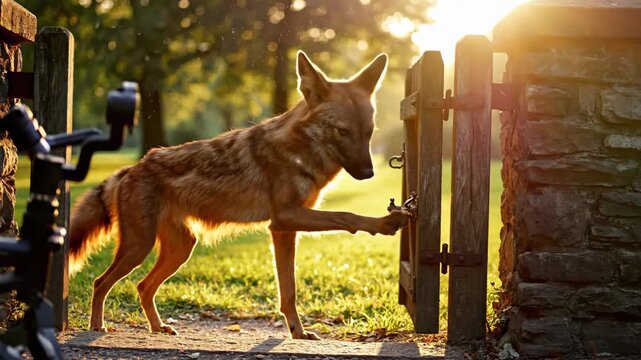 A Clever Maned Wolf at a Gate: Exploring Curiosity in the Golden Hour