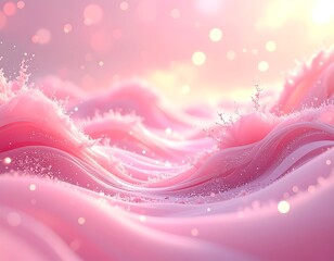 Dreamy pink waves surge under a soft, golden sunrise with bokeh