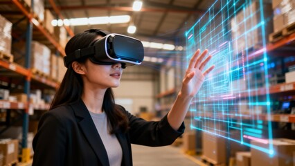 Woman using VR in warehouse