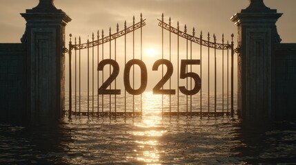 Gate with Year 2025 in Front of Sunset Over Water at Sunrise