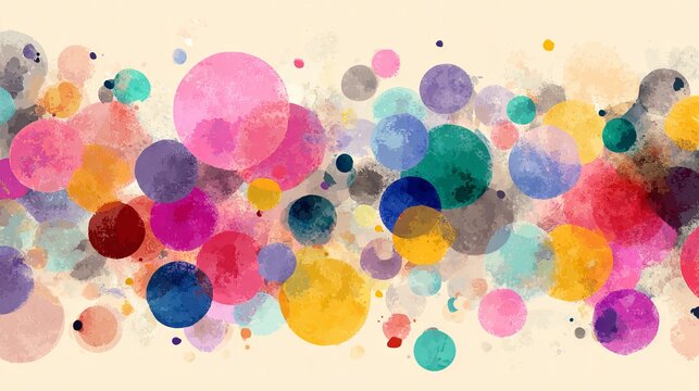 Abstract modern art background with colorful circles and spots, pink blue yellow red green purple on light beige white backdrop, minimal design with copy space - Powered by Adobe