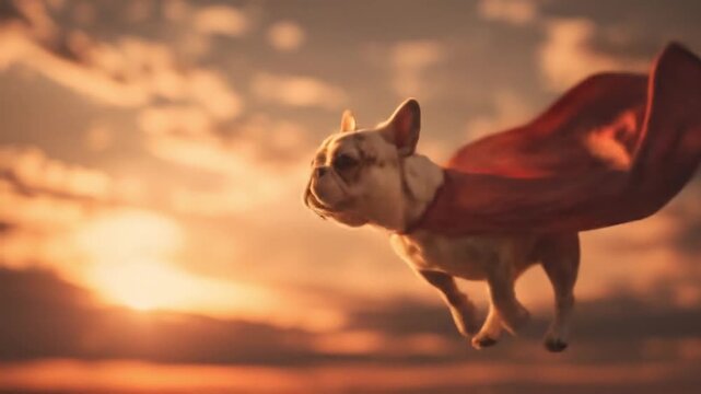 A small dog in a red cape flies over a glowing sunset with wispy clouds above a warm golden horizon