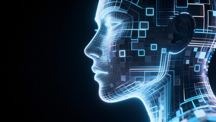 Human head with digital grid and glowing lines