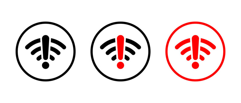 Wifi warning icon in circular outline. Internet connection alert and network problem symbol