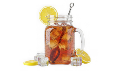 Refreshing iced tea in a mason jar with lemon slices and a cocktail stirrer on transparent background