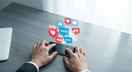 Hands using smartphone with social media notifications hovering above, symbolizing online engagement.