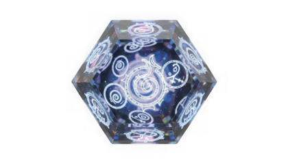 a detailed glowing hexagonal crystal with intricate swirling patterns and magical symbols on transparent background