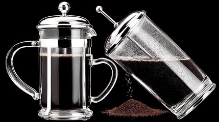 Glass French Press Coffee Maker with Loose Coffee Grounds on Black Background