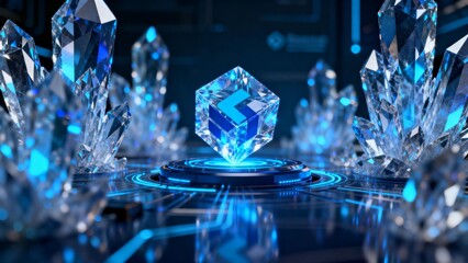 Crystal cube with glowing blue light