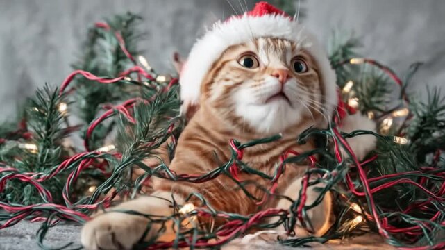 Adorable orange kitten tangled in twinkling Christmas lights, curious, wide-eyed, cozy scene indoors