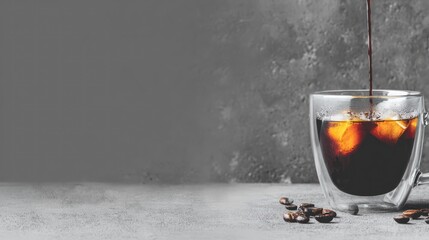 Glass Mug of Cold Brew Coffee with Ice Cubes on Gray Surface