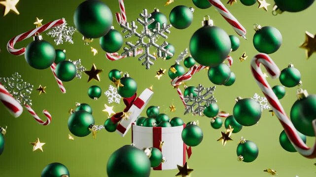Green christmas ornaments and candy canes coming out of a white gift box on green background