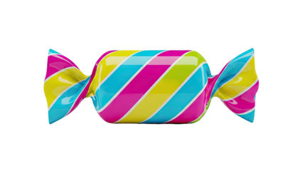 3D Striped candy with bright colors and twisted ends on transparent background