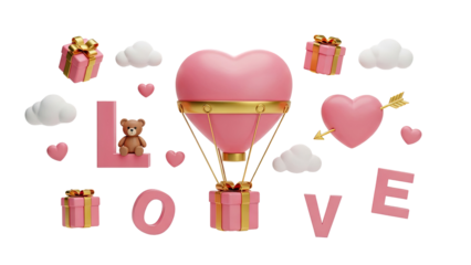 3D Valentine's Day Romance Elements: Heart Hot Air Balloon and Gifts on transparent background