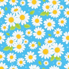 Obraz premium Floral pattern of white daisies with yellow centers on a bright blue background