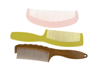 Colorful Collection of Hair Combs: Pink Plastic Comb with Fine Teeth and Various Designs in a Stunning Array of Hair Products on Transparent Background.