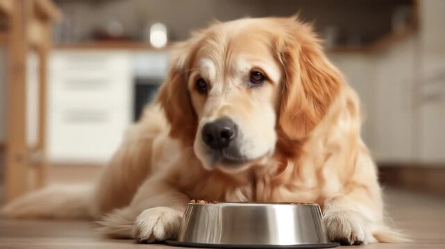 Golden retriever lies on a wooden floor, gaze fixed on gleaming metal bowl nearby in a warm kitchen