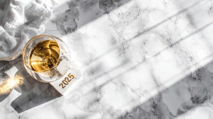 Glass of Golden Wine on White Marble Surface with Shadowed Light and Calendar Page Showing 2025