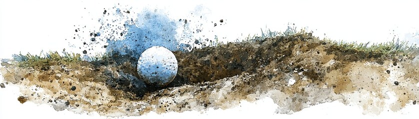 A watercolor illustration of a golf ball in a sand trap, surrounded by splashes of color and textures representing grass and soil.