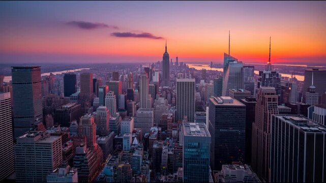 Colorful sunset over the iconic manhattan skyline, including the empire state building