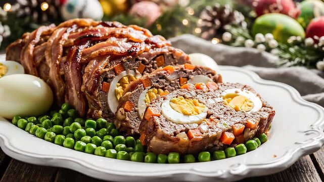 Sliced baked Easter meatloaf made of ground meat.