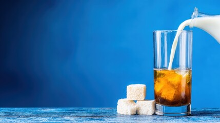 Glass of Iced Tea with Milk Being Poured in on a Blue Background with Sugar Cubes