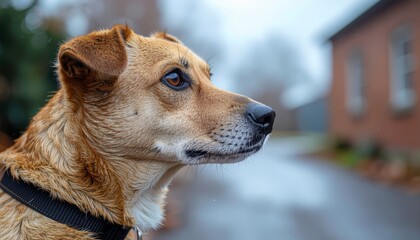 Close-Up of Dog Looking Back at Shelter. Pet Adoption Day Stories. A dog's head on a leash turning back for one final poignant look at the shelter building as the new owner pulls gently away.
