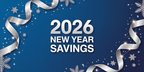 2026 New Year Savings with Silver Ribbons and Snowflakes sale celebration