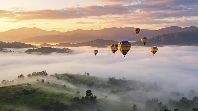 A breathtaking aerial panorama unfolds as vibrant hot air balloons gracefully ascend over a majestic landscape blanketed in a mystical sea of morning fog. The soft, golden light of dawn illuminates ro