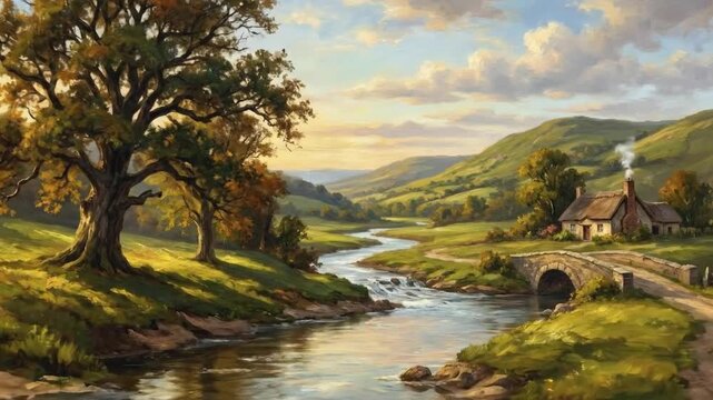 A beautifully rendered oil painting of an idyllic rural landscape, depicting a tranquil scene with a winding river flowing through a lush green valley. A grand, ancient tree stands prominently on the 