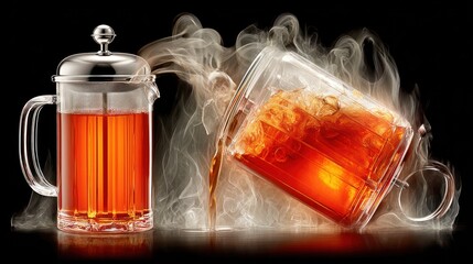 Glass Teapot and Mug with Hot Tea Steaming on Black Background