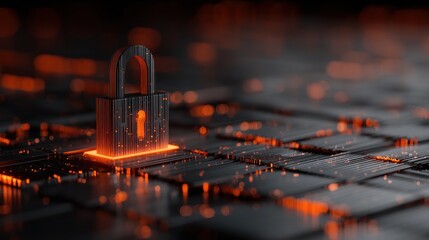 Glowing Digital Lock on Circuit Board with Orange Light Highlights