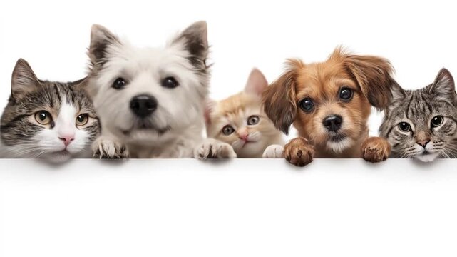 Five adorable pets two cats, a white fluffy dog, a tan puppy, and a brown dog peeking over an edge