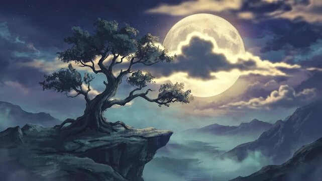 A breathtaking animated landscape depicts a majestic full moon illuminating a serene night sky, casting a soft glow over a gnarled, ancient tree dramatically perched on a rugged cliff edge. Below, a m