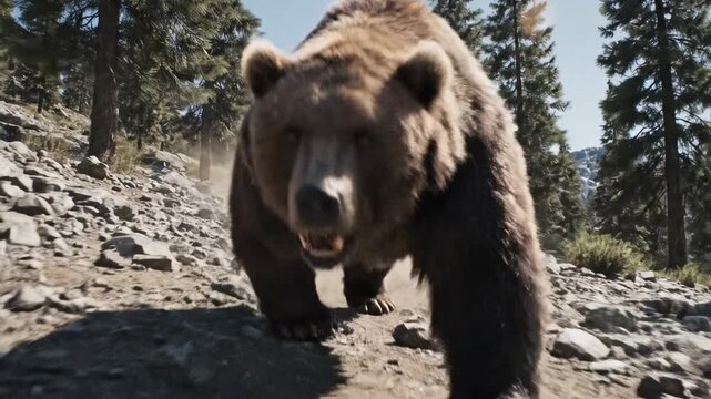 Powerful Brown Bear Charging Through Rocky Forest in Slow Motion 4K. Aggressive Grizzly Roaring Towards Camera on Sunny Day in Wilderness.