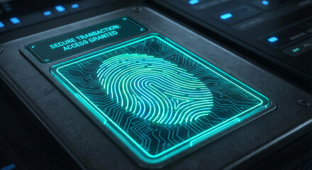 Cybernetic fingerprint scanner for financial access, glowing biometric lines, secure transaction concept