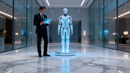 Man with robot in futuristic building