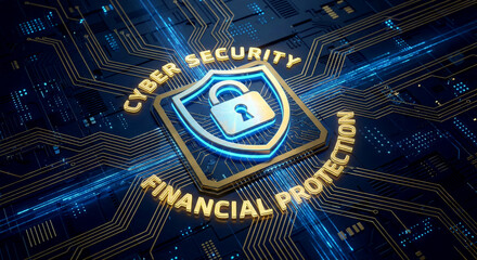 Futuristic digital lock concept, glowing padlock shield icon in the center, cyber security circuit board texture.