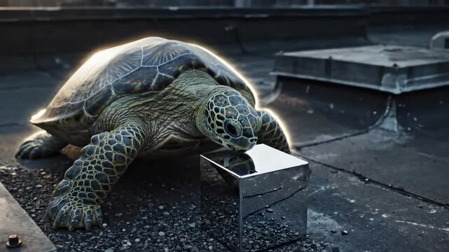 Glowing turtle rests beside a reflective cube on a rooftop cityscape, creating a futuristic fantasy scene