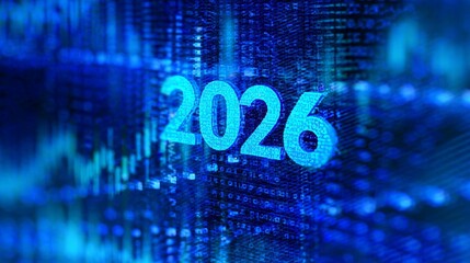 "2026" displayed on a stock market chart background with a blue theme, featuring 3D rendering, low-angle shot, and a bokeh effect, representing financial trends and market analysis.