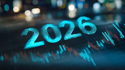 "2026" displayed on a stock market chart background with a blue theme, featuring 3D rendering, low-angle shot, and a bokeh effect, representing financial trends and market analysis.