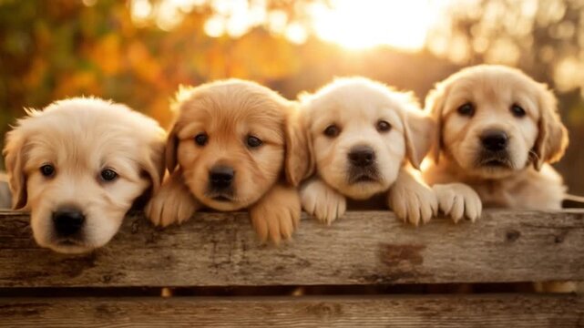 Four golden retriever puppies peek over a weathered wooden fence as autumn light glows warmly today