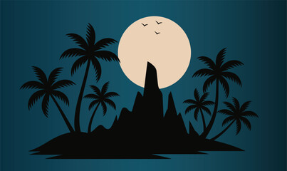 A serene tropical island silhouette at night with palm trees and a large moon in the background silhouette